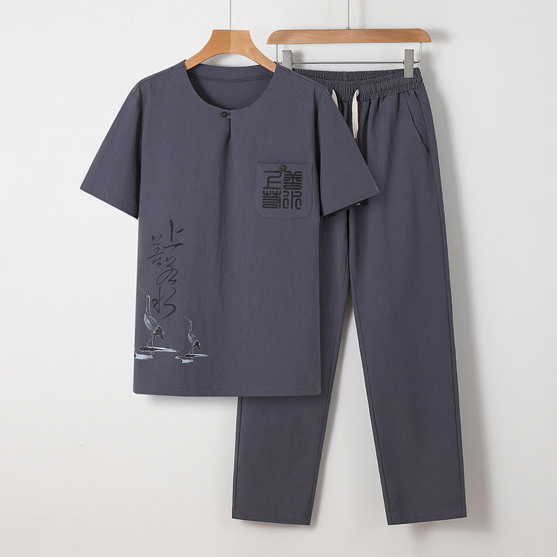 Minimalist Cotton Crane Meditation Shirt and Pants Set