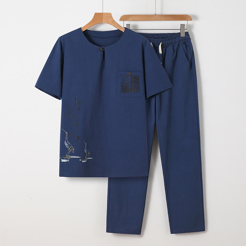 Minimalist Cotton Crane Meditation Shirt and Pants Set