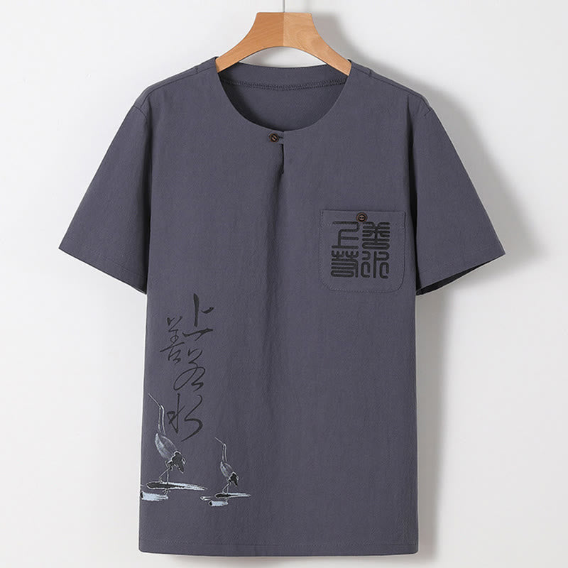 Minimalist Cotton Crane Meditation Shirt and Pants Set