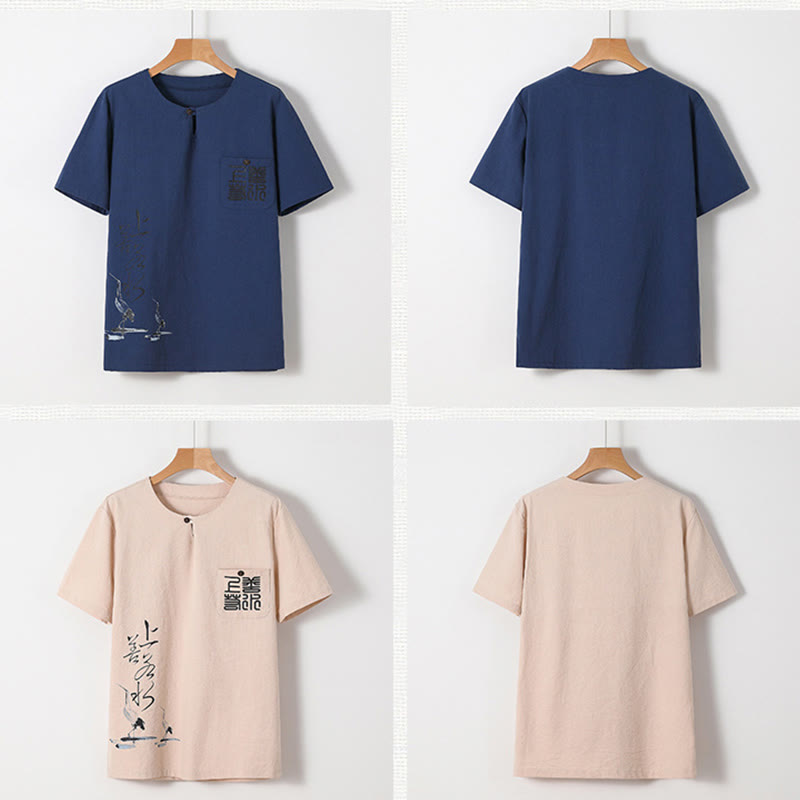 Minimalist Cotton Crane Meditation Shirt and Pants Set