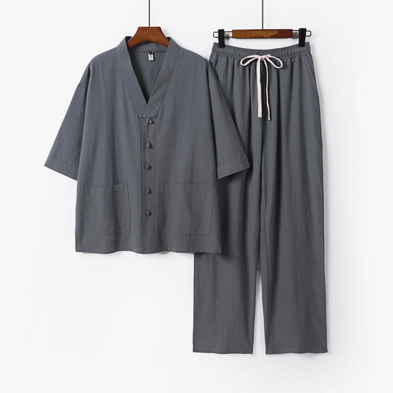 2Pcs Summer V-Neck Cotton Shirt Pants With Pockets Men's Meditation Cloth Set