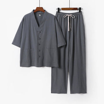 2Pcs Summer V-Neck Cotton Shirt Pants With Pockets Men's Meditation Cloth Set
