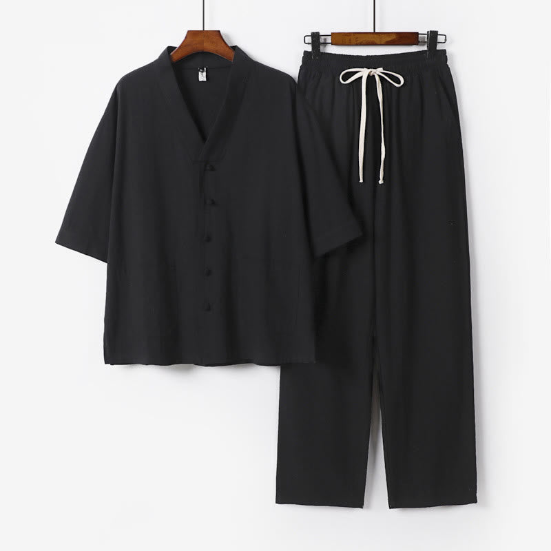 2Pcs Summer V-Neck Cotton Shirt Pants With Pockets Men's Meditation Cloth Set