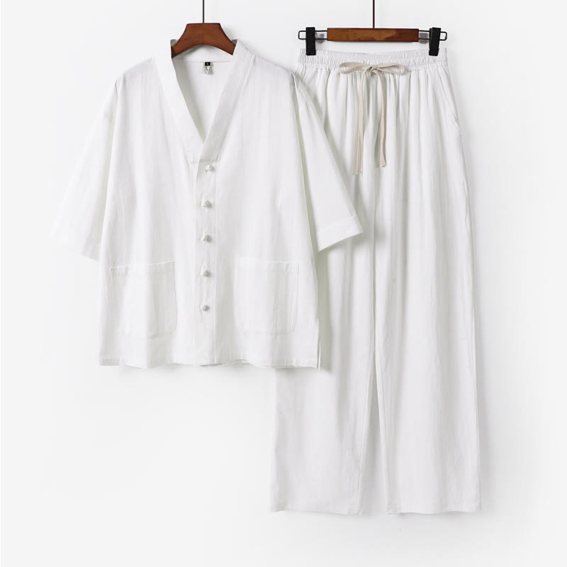 2Pcs Summer V-Neck Cotton Shirt Pants With Pockets Men's Meditation Cloth Set