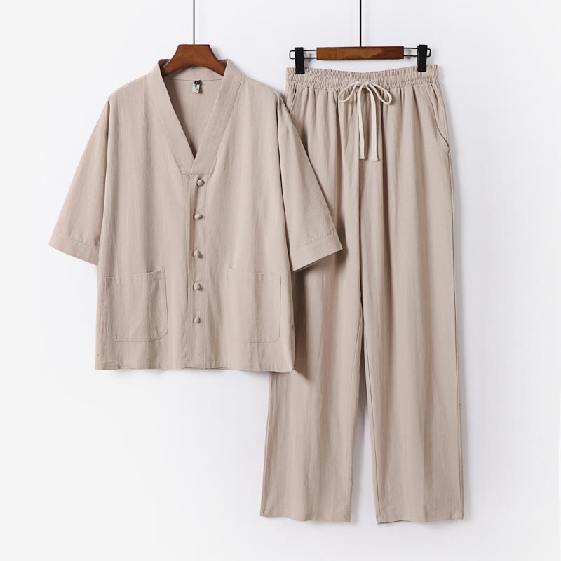 2Pcs Summer V-Neck Cotton Shirt Pants With Pockets Men's Meditation Cloth Set