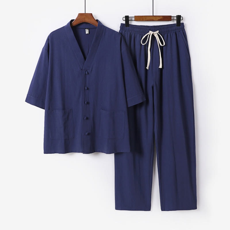 2Pcs Summer V-Neck Cotton Shirt Pants With Pockets Men's Meditation Cloth Set