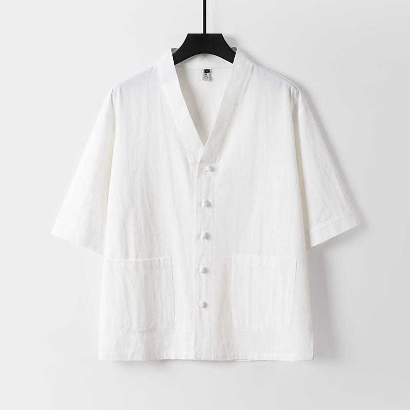 2Pcs Summer V-Neck Cotton Shirt Pants With Pockets Men's Meditation Cloth Set