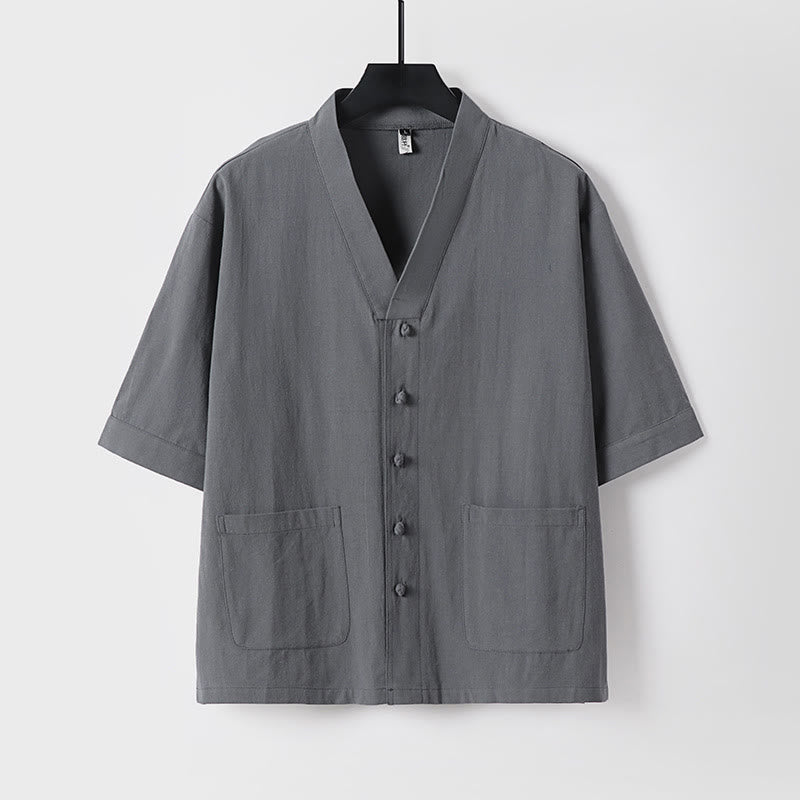 2Pcs Summer V-Neck Cotton Shirt Pants With Pockets Men's Meditation Cloth Set