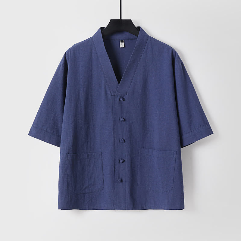 2Pcs Summer V-Neck Cotton Shirt Pants With Pockets Men's Meditation Cloth Set