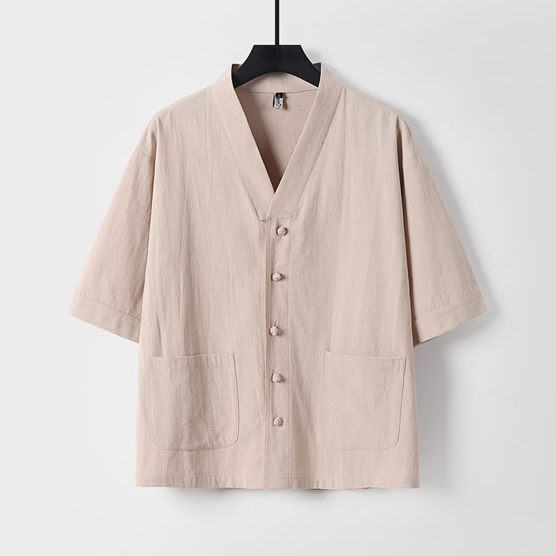 2Pcs Summer V-Neck Cotton Shirt Pants With Pockets Men's Meditation Cloth Set