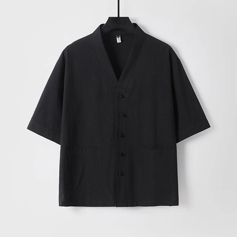 2Pcs Summer V-Neck Cotton Shirt Pants With Pockets Men's Meditation Cloth Set
