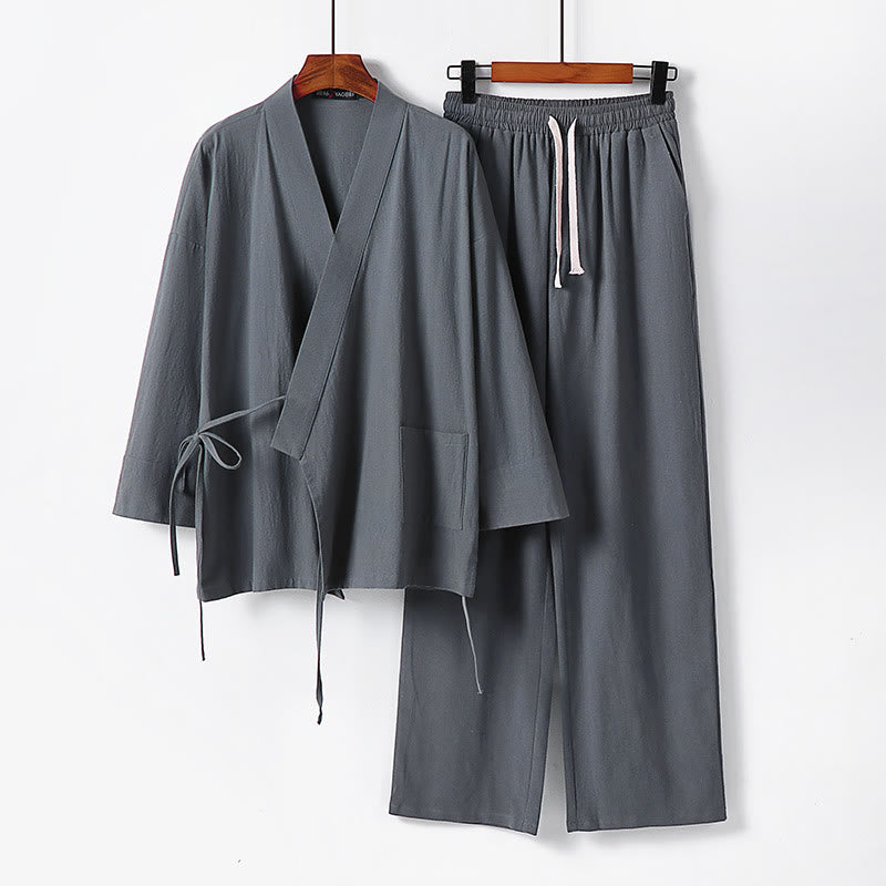 Breathable Cotton Lace-Up Kimono and Pants Mindful Meditation Set