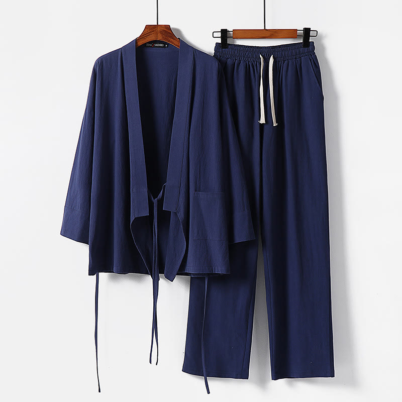 Breathable Cotton Lace-Up Kimono and Pants Mindful Meditation Set