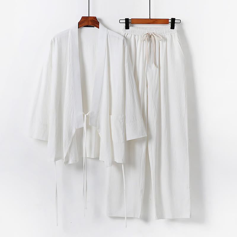 Breathable Cotton Lace-Up Kimono and Pants Mindful Meditation Set