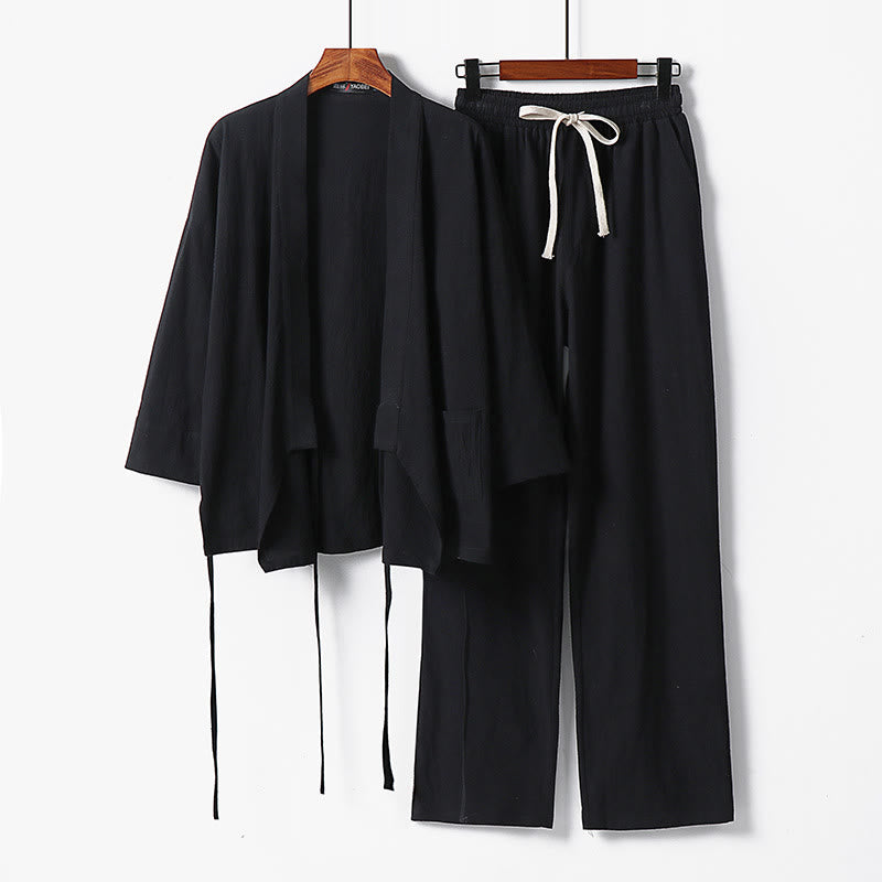 Breathable Cotton Lace-Up Kimono and Pants Mindful Meditation Set