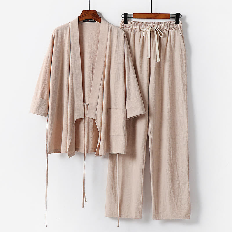 Breathable Cotton Lace-Up Kimono and Pants Mindful Meditation Set