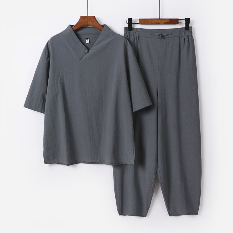 Tactile Cotton V-Neck Meditation Shirt and Pants Set