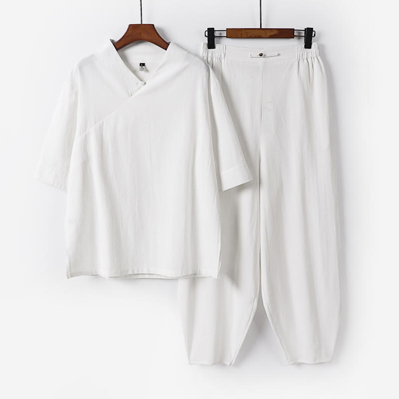 Tactile Cotton V-Neck Meditation Shirt and Pants Set
