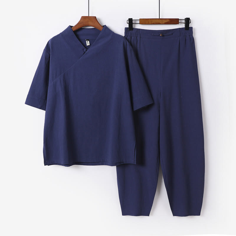 Tactile Cotton V-Neck Meditation Shirt and Pants Set