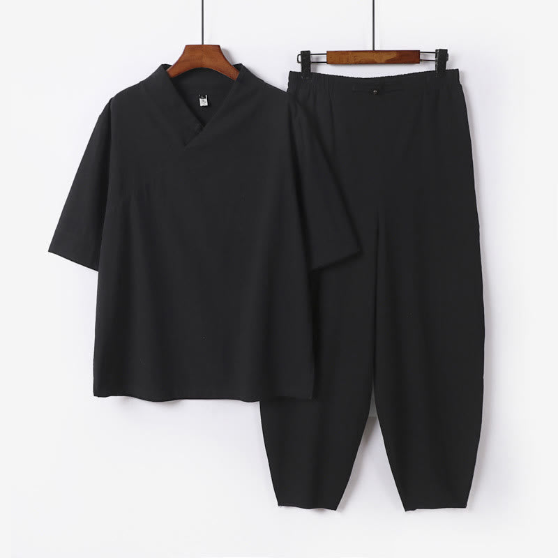 Tactile Cotton V-Neck Meditation Shirt and Pants Set