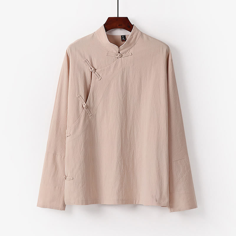 Vintage Plain Chinese Frog-Button Cotton Long Sleeve Men's Shirt