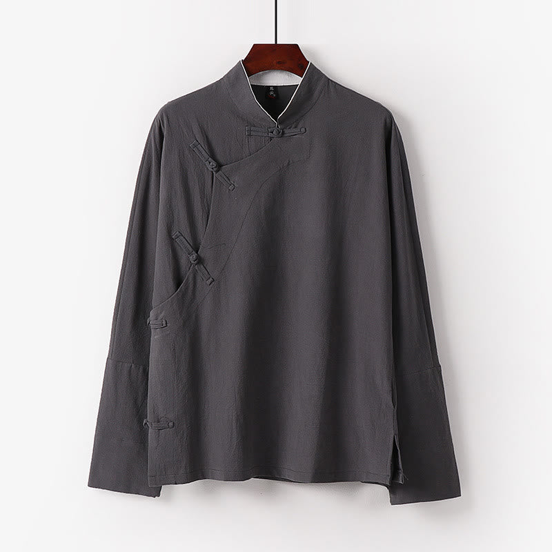 Vintage Plain Chinese Frog-Button Cotton Long Sleeve Men's Shirt