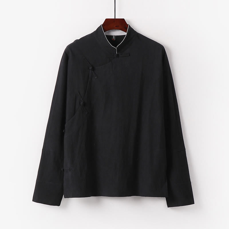 Vintage Plain Chinese Frog-Button Cotton Long Sleeve Men's Shirt