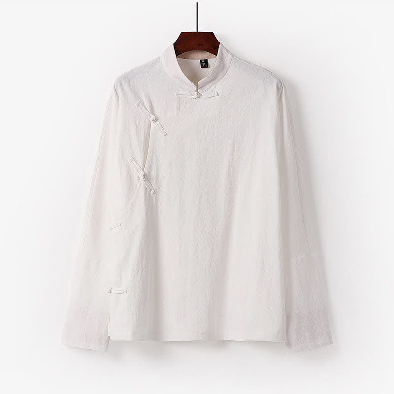 Vintage Plain Chinese Frog-Button Cotton Long Sleeve Men's Shirt