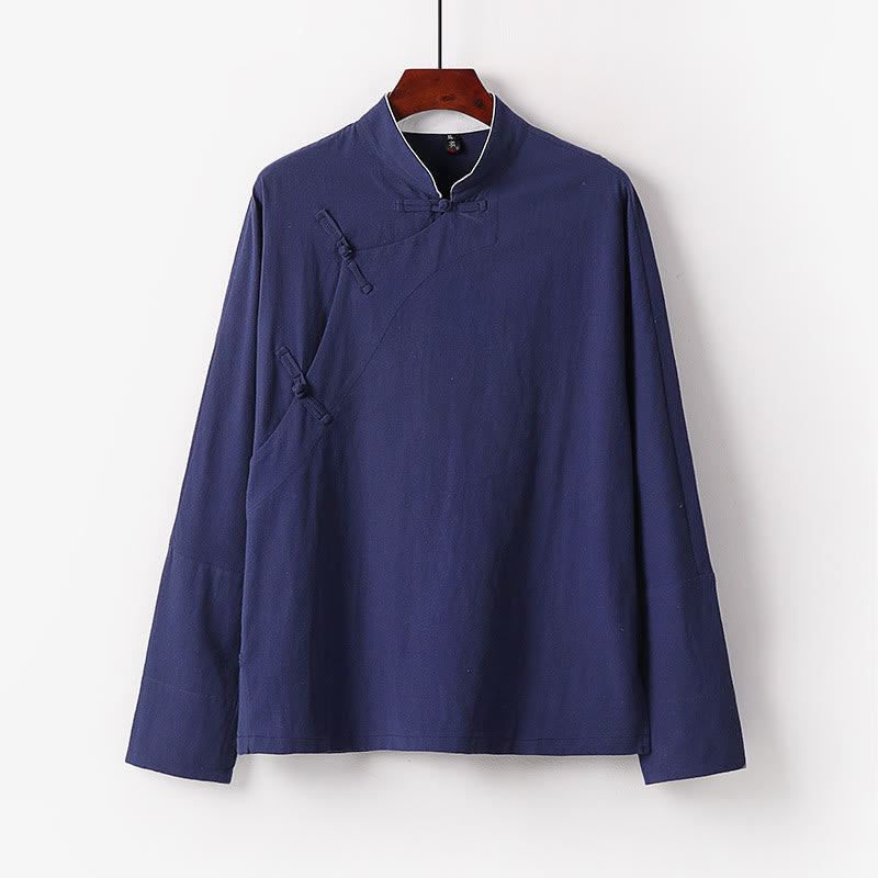 Vintage Plain Chinese Frog-Button Cotton Long Sleeve Men's Shirt