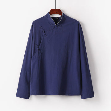 Vintage Plain Chinese Frog-Button Cotton Long Sleeve Men's Shirt