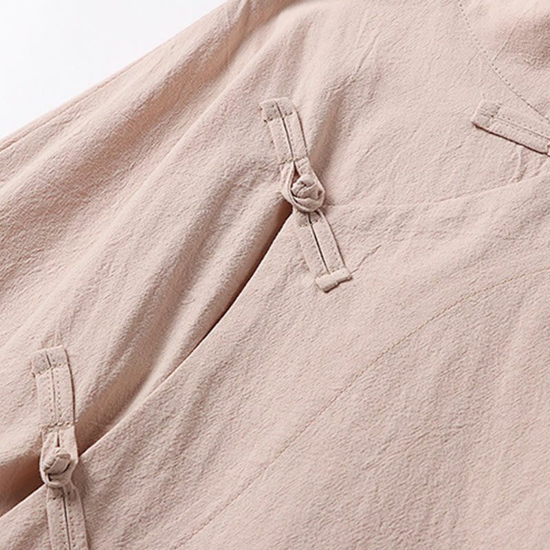 Vintage Plain Chinese Frog-Button Cotton Long Sleeve Men's Shirt