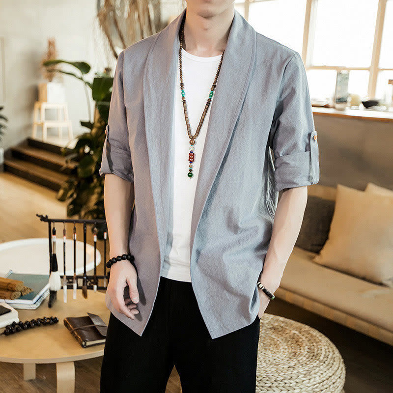 Vintage Plain Lapel Open Front Jacket Cotton Men's Kimono
