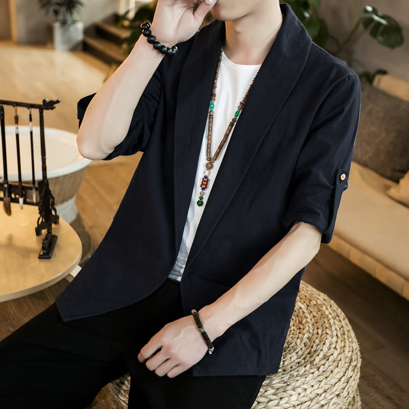Vintage Plain Lapel Open Front Jacket Cotton Men's Kimono