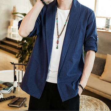 Vintage Plain Lapel Open Front Jacket Cotton Men's Kimono