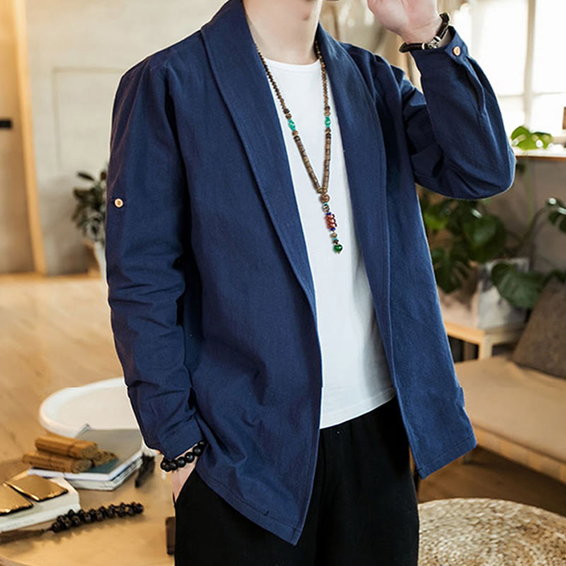 Vintage Plain Lapel Open Front Jacket Cotton Men's Kimono