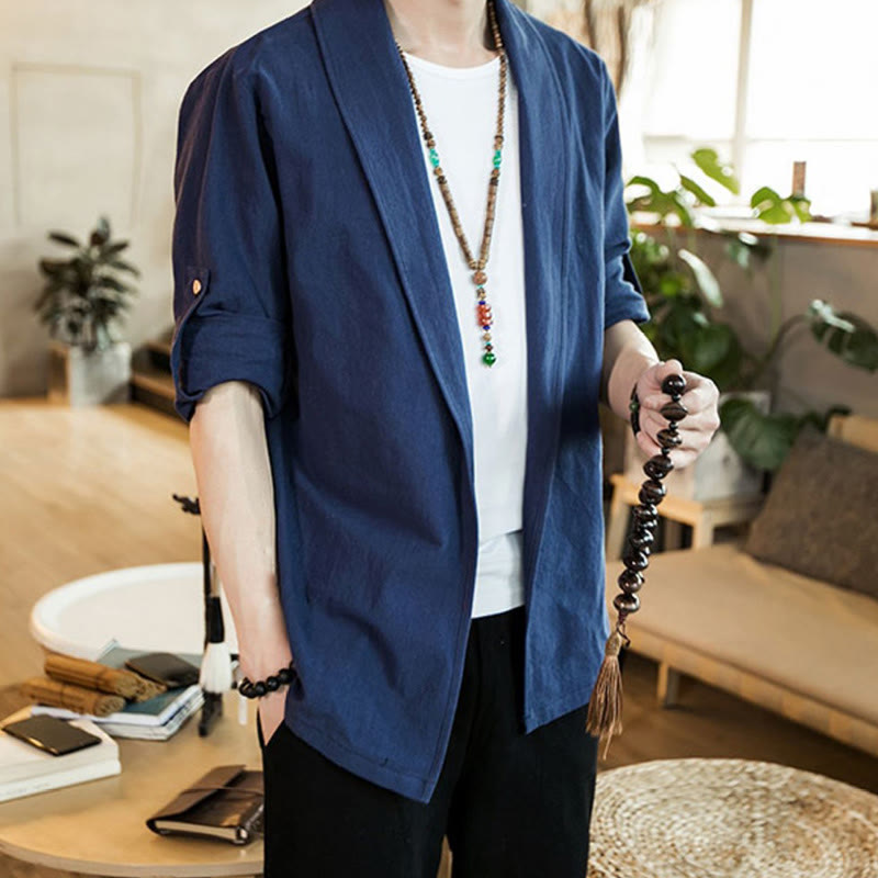 Vintage Plain Lapel Open Front Jacket Cotton Men's Kimono