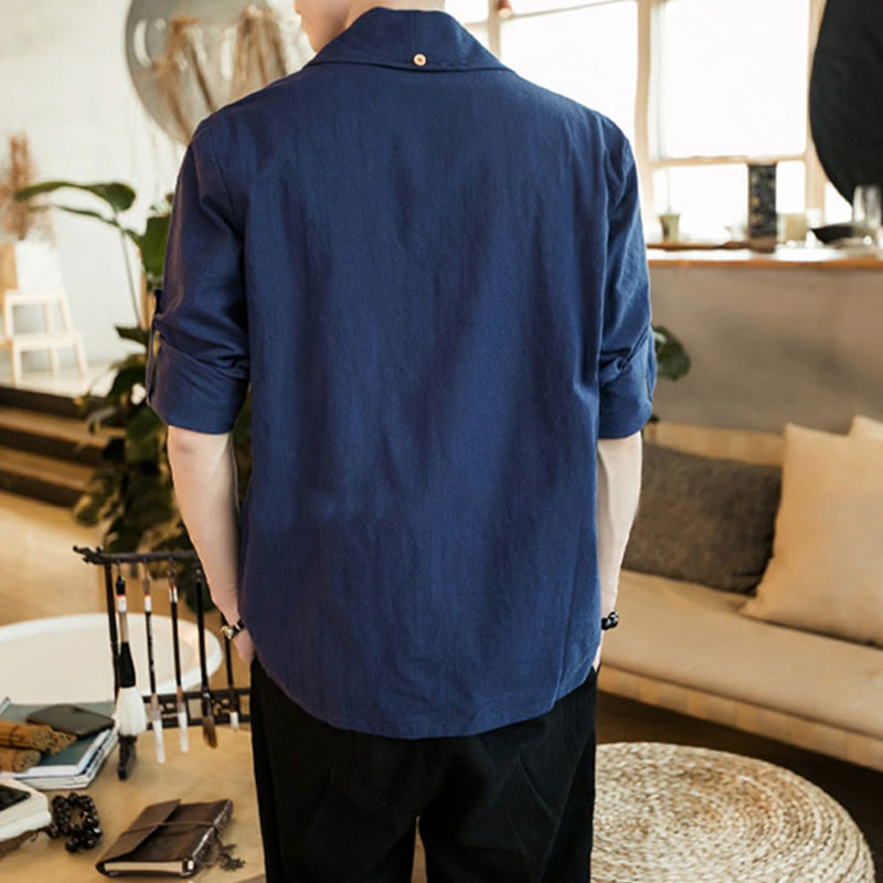 Vintage Plain Lapel Open Front Jacket Cotton Men's Kimono