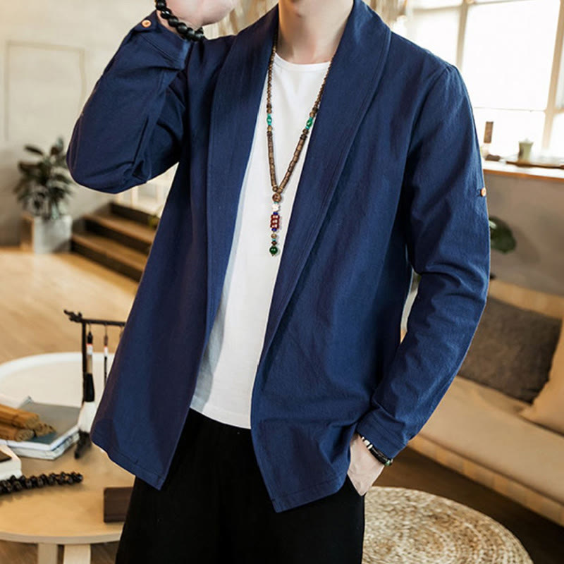 Vintage Plain Lapel Open Front Jacket Cotton Men's Kimono
