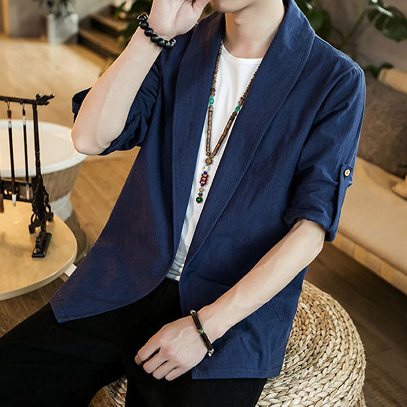 Vintage Plain Lapel Open Front Jacket Cotton Men's Kimono