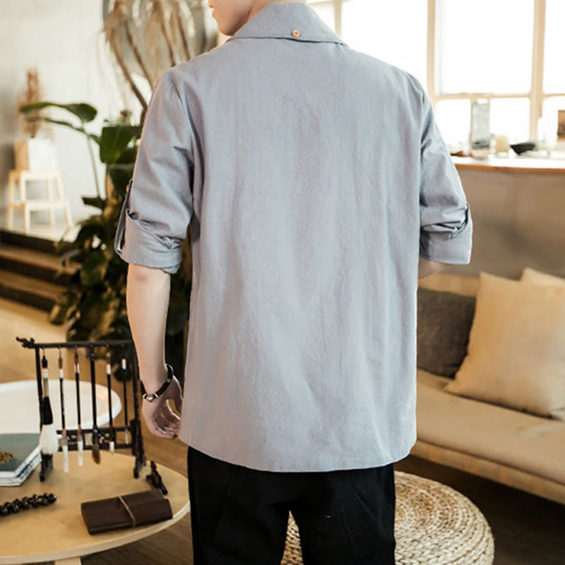 Vintage Plain Lapel Open Front Jacket Cotton Men's Kimono