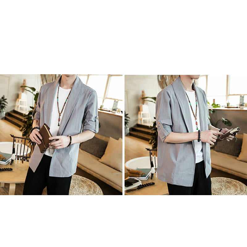 Vintage Plain Lapel Open Front Jacket Cotton Men's Kimono