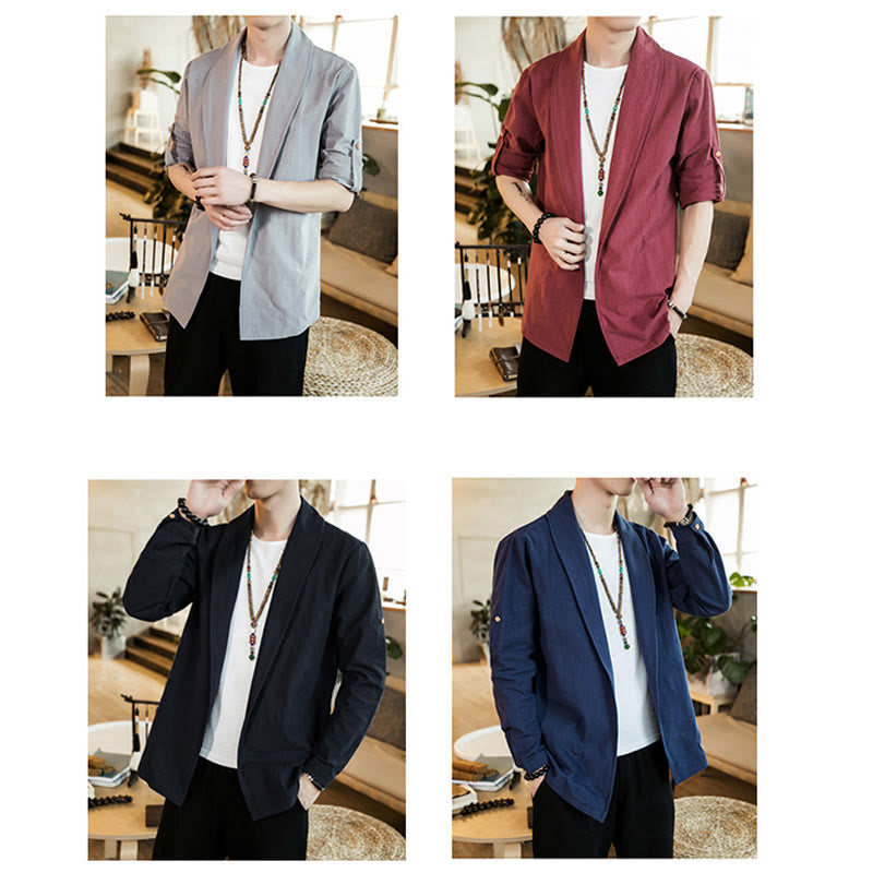 Vintage Plain Lapel Open Front Jacket Cotton Men's Kimono