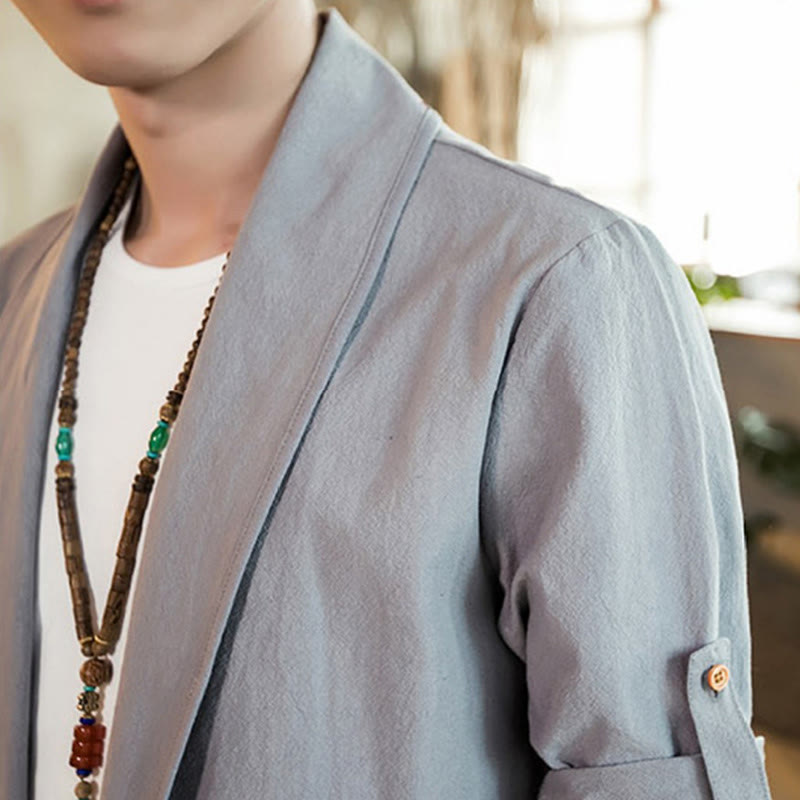 Vintage Plain Lapel Open Front Jacket Cotton Men's Kimono