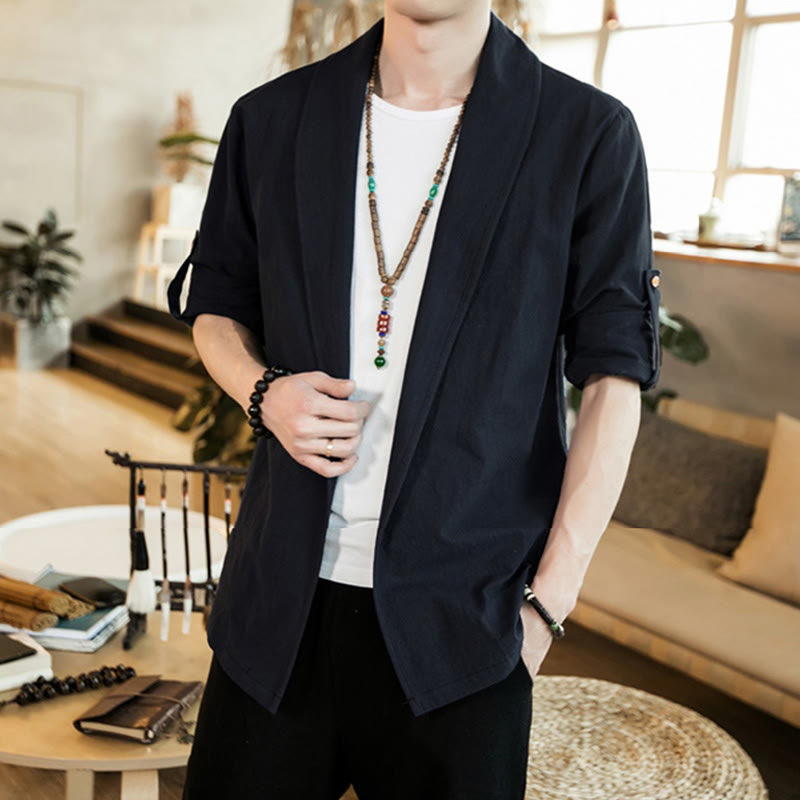 Vintage Plain Lapel Open Front Jacket Cotton Men's Kimono