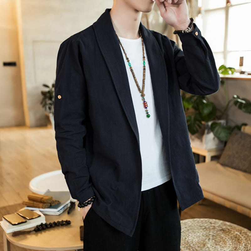 Vintage Plain Lapel Open Front Jacket Cotton Men's Kimono