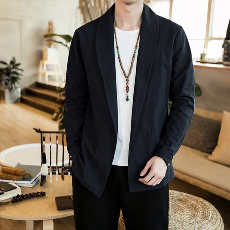 Vintage Plain Lapel Open Front Jacket Cotton Men's Kimono