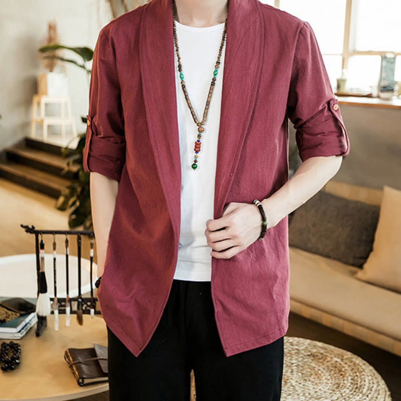 Vintage Plain Lapel Open Front Jacket Cotton Men's Kimono