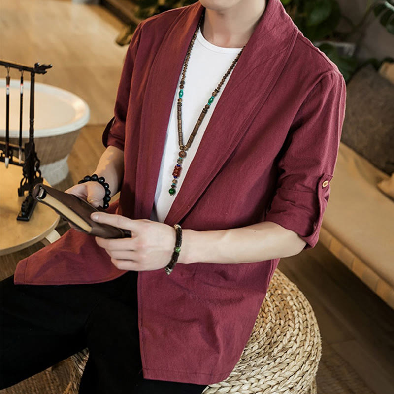 Vintage Plain Lapel Open Front Jacket Cotton Men's Kimono