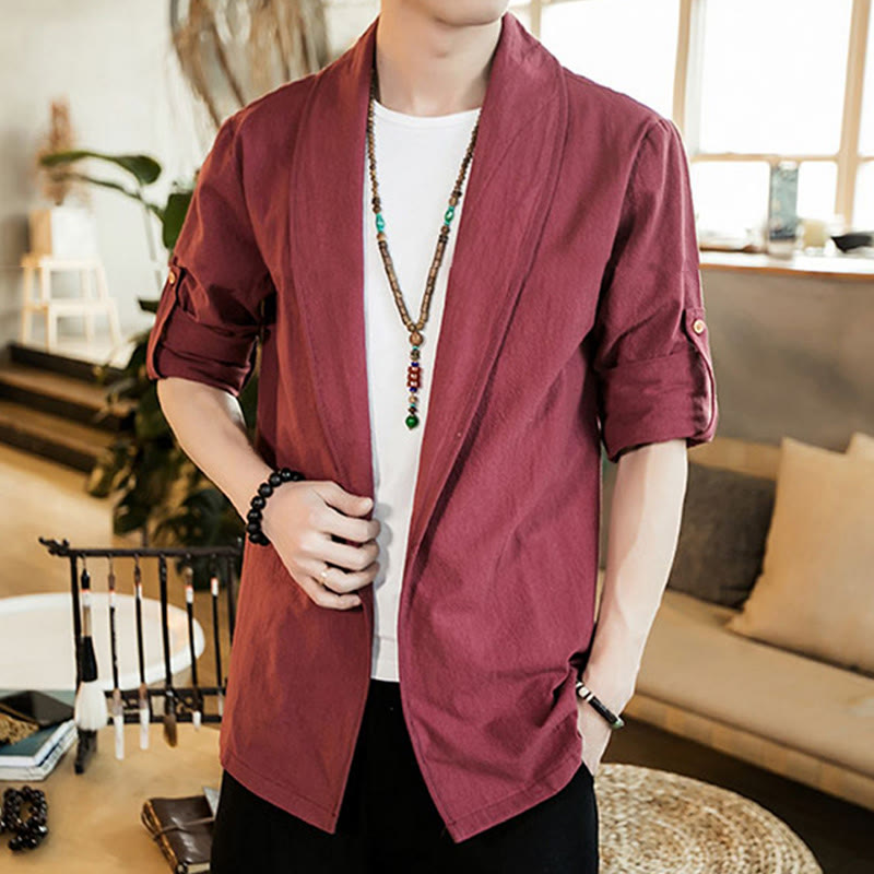 Vintage Plain Lapel Open Front Jacket Cotton Men's Kimono