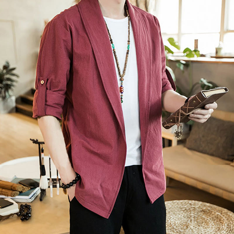 Vintage Plain Lapel Open Front Jacket Cotton Men's Kimono